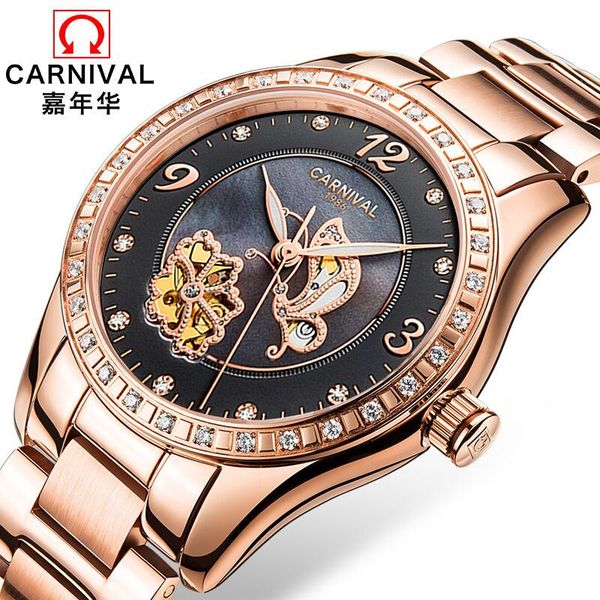 

wristwatches carnival automatic watch women fashion mechanical ladies wrist rose gold skeleton watches clock, Slivery;brown