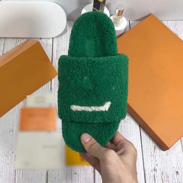 

slippers sandals women designer slides sheepskin floral patch the insole is warm and soft both indoor outdoor rubber outsole green with box, Black