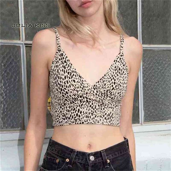 

women cotton blend crossover v-neck leopard print crop tank 210407, White