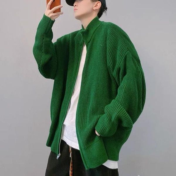 

men's sweaters winter clothes zipper knitted sweater high street loose green trendy stand-up collar oversize cardigan men, White;black