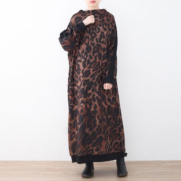 

casual dresses johnature women knitted dress 2021 autumn leopard bat sleeve vintage robe quality original full maxi, Black;gray