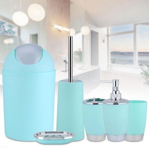 

bath accessory set 6pcs waste bin soap box toilet brush plastic bathroom wash tool suit mouthwash toothbrush holder