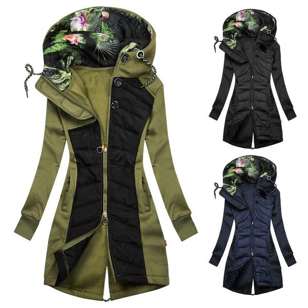 

women's jackets females vintage hooded overvcoat patchwork long sleeve women winter thick warm loose zipper windproof jacket streetwear, Black;brown