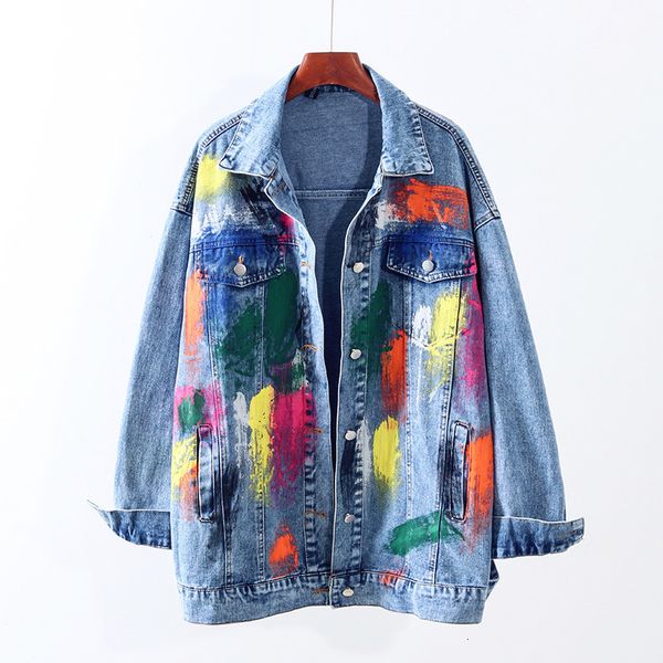 

women's jackets loose jeans women european spring autumn hand painted color graffiti denim vintage coat g341 iezl, Black;brown
