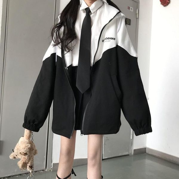 

women's jackets japanese loose punk large size zipper jacket interesting letter fashion stitching harajuku ulzzang ins hooded, Black;brown