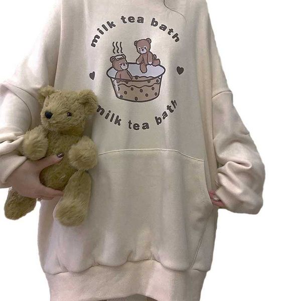 

women's fur & faux winter fleece kawaii hoodies teen girls vintage cartoon oversized hooded sweatshirt women anime cute funny long, Black