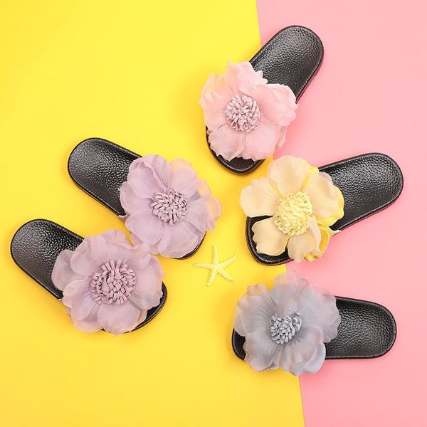 

kids baby girls slippers with flowers summer children sandals shoes fashion indoor footwear beach soft, Black;red
