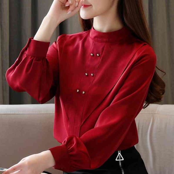 Frauen Tops und Blusen Stehkragen Rot Chiffon Bluse Shirt Frauen Tops Blusas Mujer De Moda Langarm Bluse Frauen C544 210426