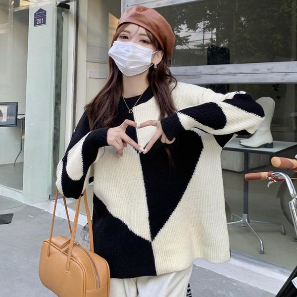 

women's sweaters sweet autumn lady casual o neck pull women contrast color heart pullover sweater street knit korean fashion clothes, White;black