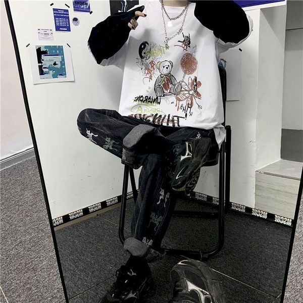 

women's t-shirt female autumn korean harajuku style students loose wild retro fake two-piece long-sleeved plus fashion goth clothes, White