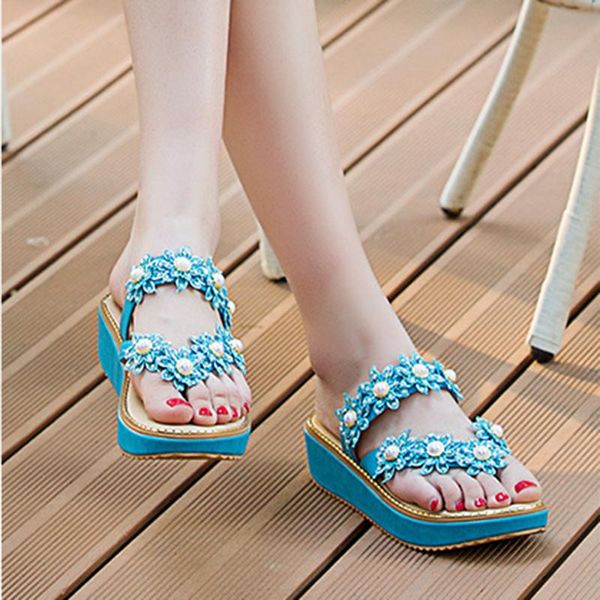 

dress shoes pearl crystal flowers clip toe bohemia women sandals creepers planted metal rivets flip flops bead muffins sandalias over size42, Black
