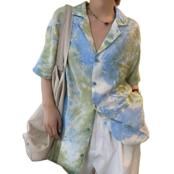 

women's polos casual all-match blouse hong kong style loose lazy tie-dye short-sleeved shirt 2021 summer korean fashion clothing, White