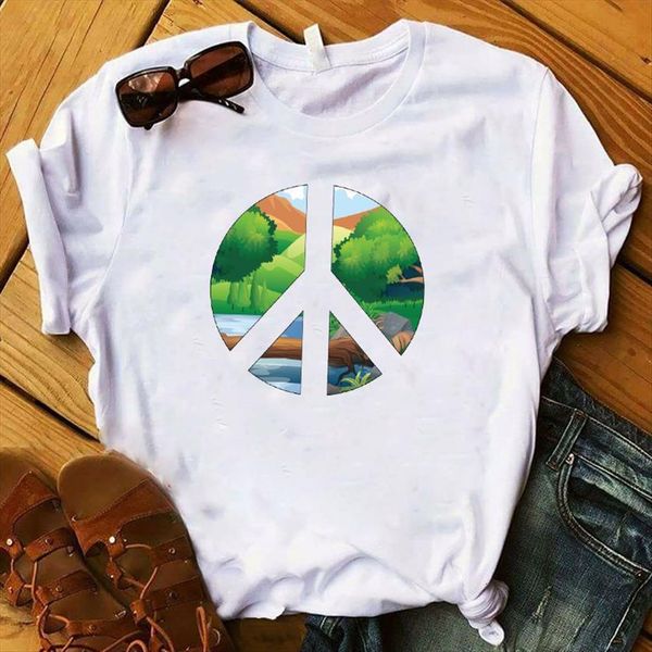 

round forest printed short sleeve womens t shirts loose tee clothes graphic, White