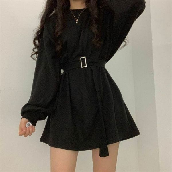 

qweek black crewneck sweatshirt women spring autumn korean fashion style long sleeve loose slim gothic goth belt street 211220