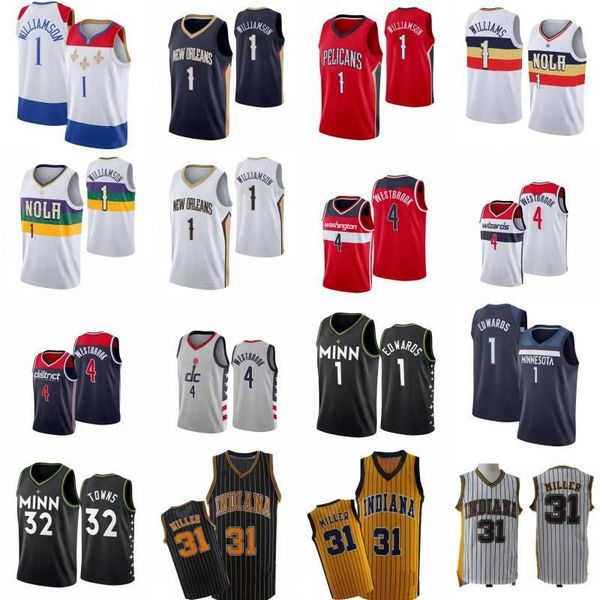 

mens zion 1 williamson basketball jersey russell 4 westbrook anthony edwards karl-anthony 32 towns reggie 31 miller shirt, Black;red