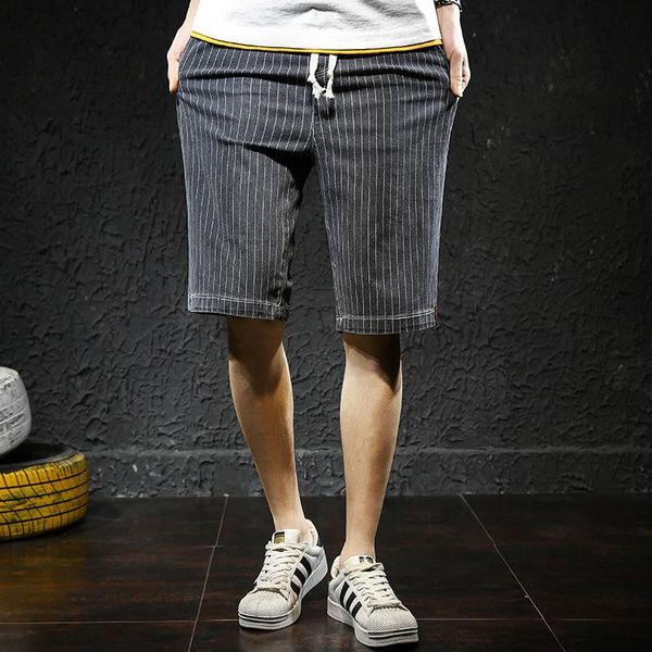 

men's jeans stripe pattern elastic loose shorts middle pants, Blue