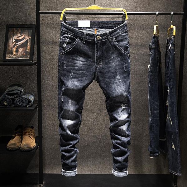 

men's jeans individuality stoashed ripped for men autumn winter slim fit stretch denim pants street fashion male cowboys trousers, Blue