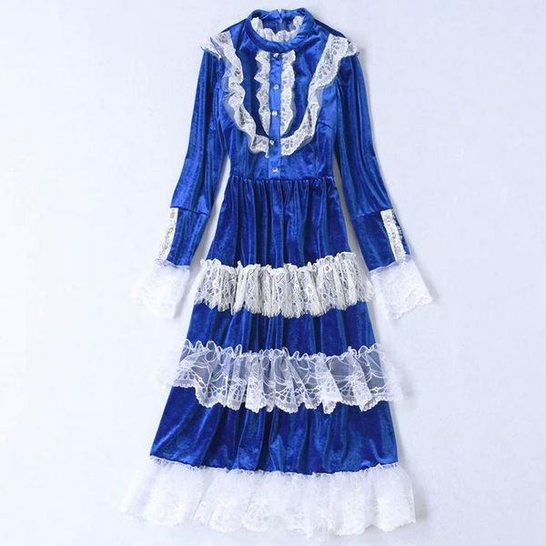 

est high fashion 2021 runway dress women's lace patchwork velvet casual dresses, Black;gray