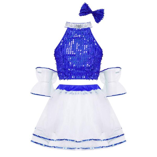

clothing sets children kids girls jazz dance clothes cheerleader stage performance costumes shiny sequins crop tutu skirt dancewear set, White