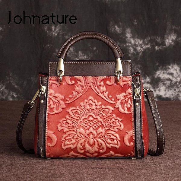 

evening bags johnature retro genuine leather women bag 2021 leisure handmade embossing nature cowhide handbag shoulder & crossbody