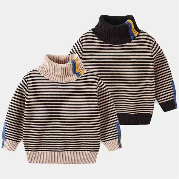 Inverno Quente 3 4 6 8 10 12 Anos Adolescentes Engrossar Gola alta Turtleneck Color Striped Sweater para Baby Kids Boys 210625
