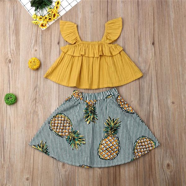 

baby girls 2pcs clothing set solid color ruffles square collar + cartoon pineapple print skirt for summer sets, White