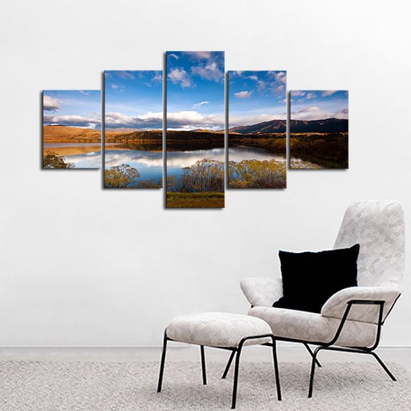 

5pcs/set unframed lake trees and clouds hd print on canvas wall art picture for home and living room decor