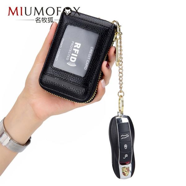 

card holders genuine leather men and women holder multifunctional zipper womens wallet credit id case rfid mens keychain coin purse, Brown;gray