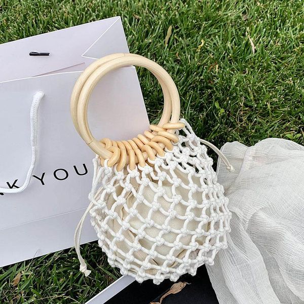 

waist bags 2021 woman girl fashionable woven handbag beach style wood handle drawstring bucket tote female summer holiday bag