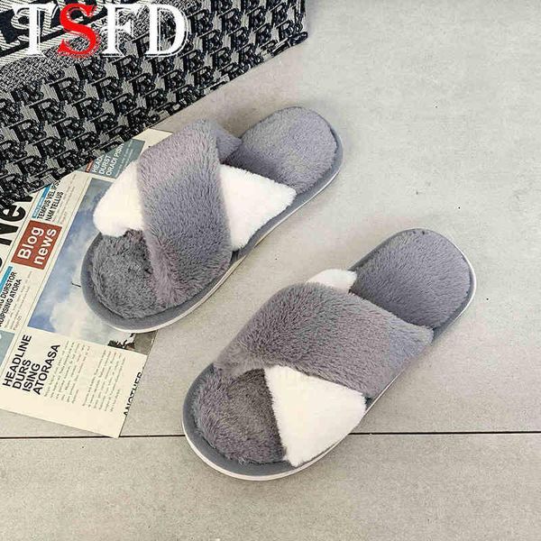 

large size slippers female winter warmest flip flops fur slip-on sandal woman indoor cotton for home flats footwear t6, Black