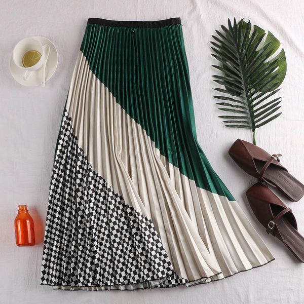 

spring summer vintage panelled plaid women skirts elagant high waist striped slim print pleated party skirt mw688, Black