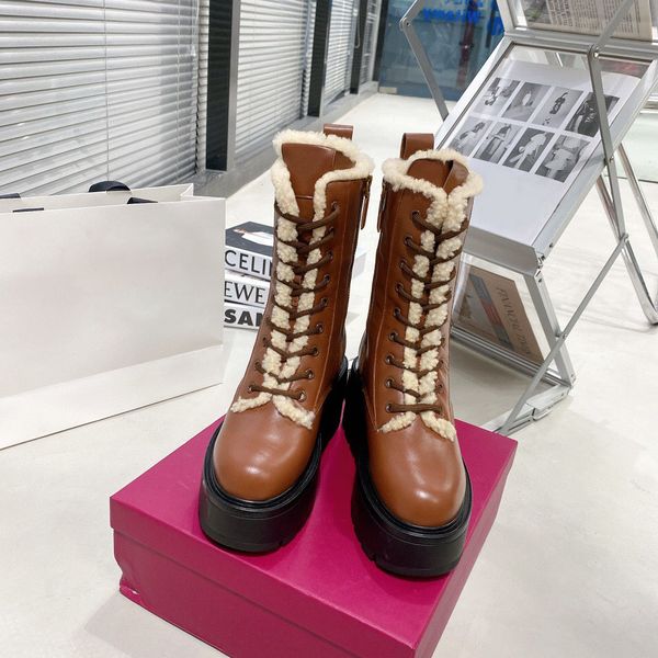 

european and american style brown wool lace up women's boots thick bottom italian leather size 35-40, Black