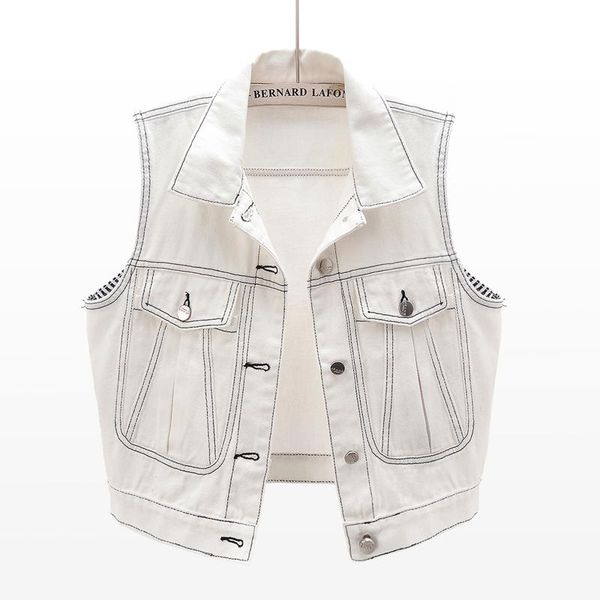 

women's vests 2021 summer korean fashion blue white denim vest women waistcoat loose short sleeveless jacket coat big pocket jeans fema, Black;white