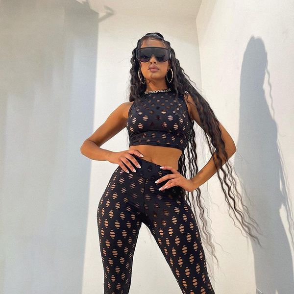 

women's two piece pants hirigin women tank and high waist suits hollow out skinny active outfits mesh see through set tracksuit, White
