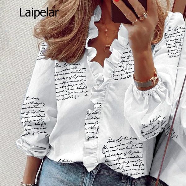 

print ruffle blouse shirts women summer short sleeve slim blouses casual letters office plus size women's &, White