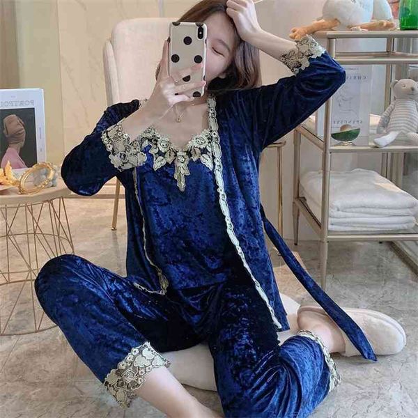 Outono inverno pijama quente set mulheres sonoletas profundas ouro veludo sexy homewear pijama mulheres pijama conjuntos longo calça set robe mulheres 210330