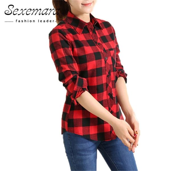 

new cotton checkered plaid blouses shirt cage female long sleeve casual slim women plus size shirt office lady red 210401, White