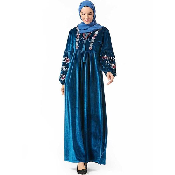 

ethnic clothing fashionable and dignified large size arabian women's blue plant embroidery casual gold velvet dress, Red