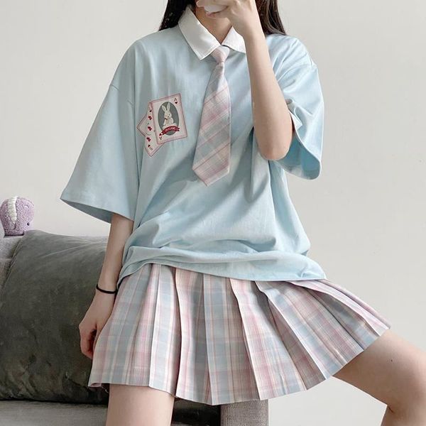 

college japanese soft girl cute women skirts rabbit student loose short sleeved t shirt jk uniform skirt pleated suit single, Black
