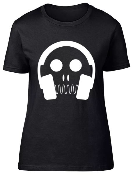 

skull headphones womens ladies fitted t-shirt, White;black
