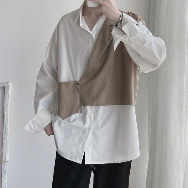 

men's casual shirts 2021 men shirt autumn turn-down collar hip hop single-breasted fake two pieces vintage, White;black
