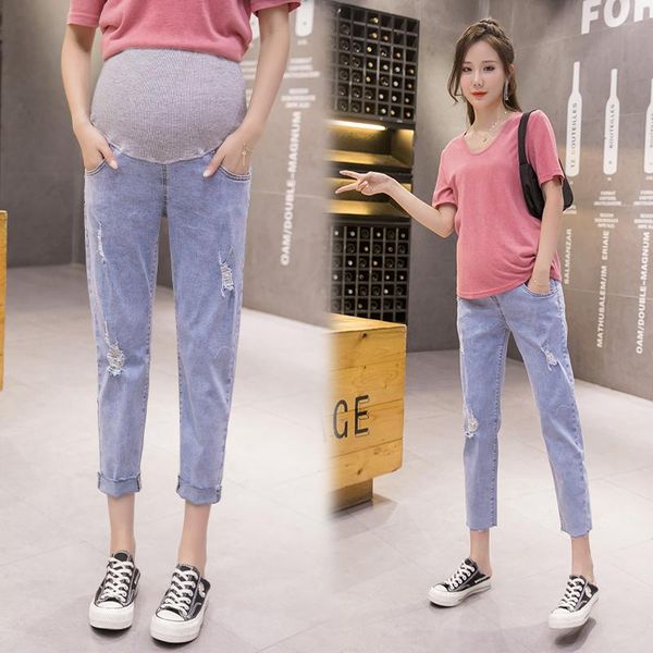 

maternity bottoms 7806# pants summer ninth denim support abdomen elastic waist belly trousers, White