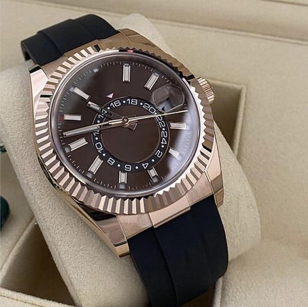 

luxury men's watch brown dial rose gold bezel and case sapphire glass comfort black rubber strap automatic mechanical movement running, Slivery;brown
