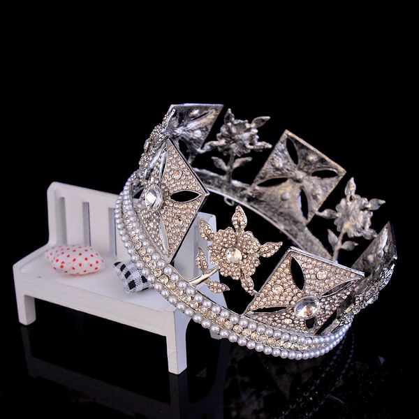 

1 pc a lot wedding headpieces retro bride pearl queen crown round shape grade studio style headdress white crystal with diamond handmade sup, Silver