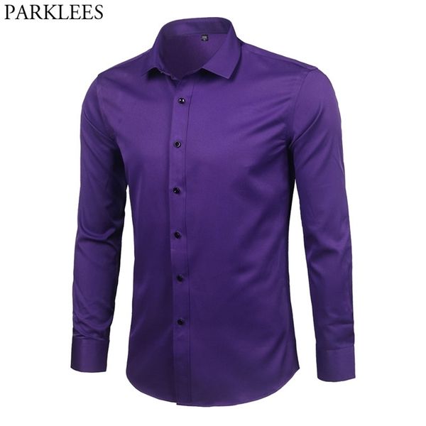 Фиолетовый мужской бамбуковый волокна платья рубашка бренд Slim Fit с длинным рукавом Homme не железо легкий уход Формальная рубашка для мужчин 210705