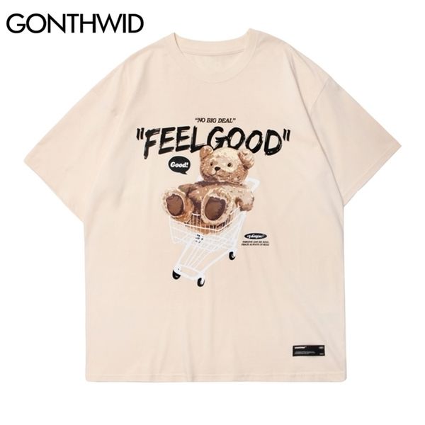 Gonthwid Manga Curta Tees Harajuku Streetwear Bear Bear Carrinho de Compras Cópia t - shirts Algodão Casual Hip Hop Solto Camisetas Tops 210716