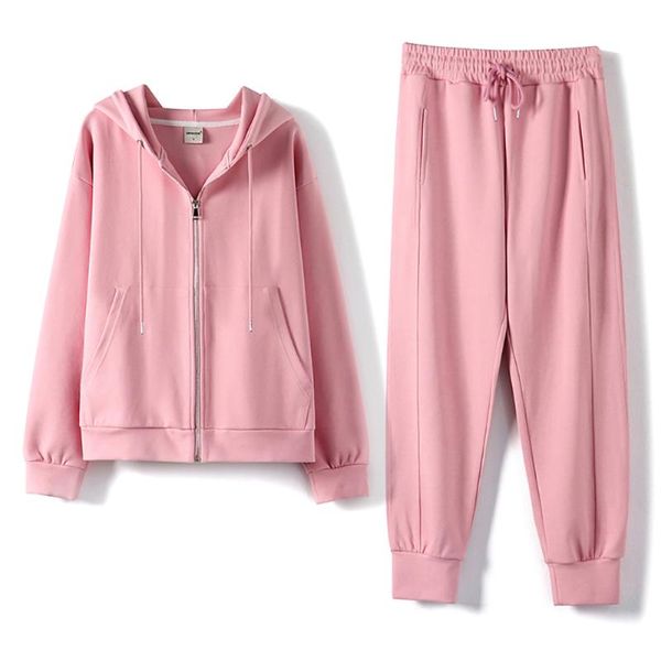 

women's two piece pants fashion cotton hoodies and sweatwear set women elastic high waist zip up white pink fall clothes for