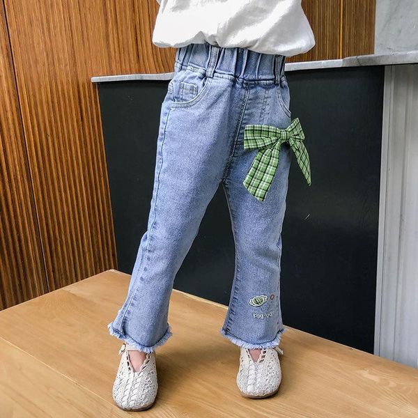 

jeans girls princess sweet kids plaid bowknot flare pants children's casual cute clothing baby embroidery trousers for 2-6 years, Blue