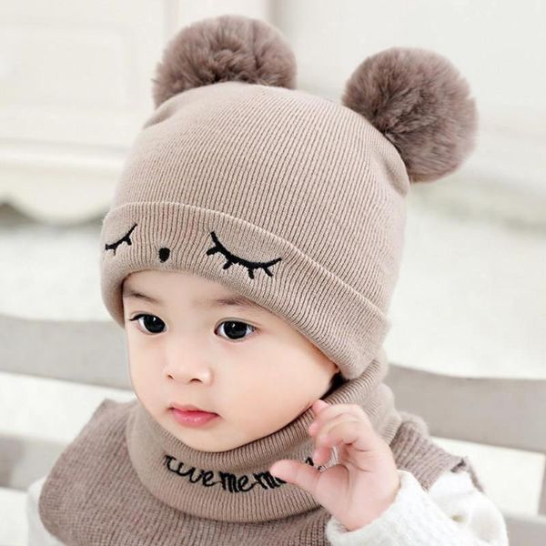 

hair accessories boys girls 1 set cute warm fluffy pompom hat circle scarf cartoon kids all match christmas gift, Slivery;white