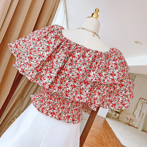 

off-shoulder short for women 2021 summer new flare sleeve blouse layered ruffled floral elastic blusas elegant fashion shirt, White